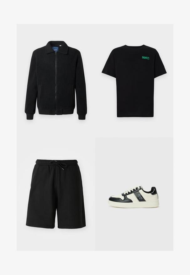 Giacca in pile nera con chiusura zip, colletto alto, polsini a coste e tasche laterali con superficie strutturata.; T-shirt nera in cotone con maniche corte. Presenta un logo verde "ROOTS" sulla parte frontale, colletto rotondo e vestibilità standard.; Pantaloni corti neri in cotone con vita elastica, chiusura a cordino e tasche laterali. Tessuto liscio, design fino al ginocchio.; Sneakers in pelle con una combinazione di colori nero e crema, dotati di dettagli perforati, collare imbottito e suola testurizzata.