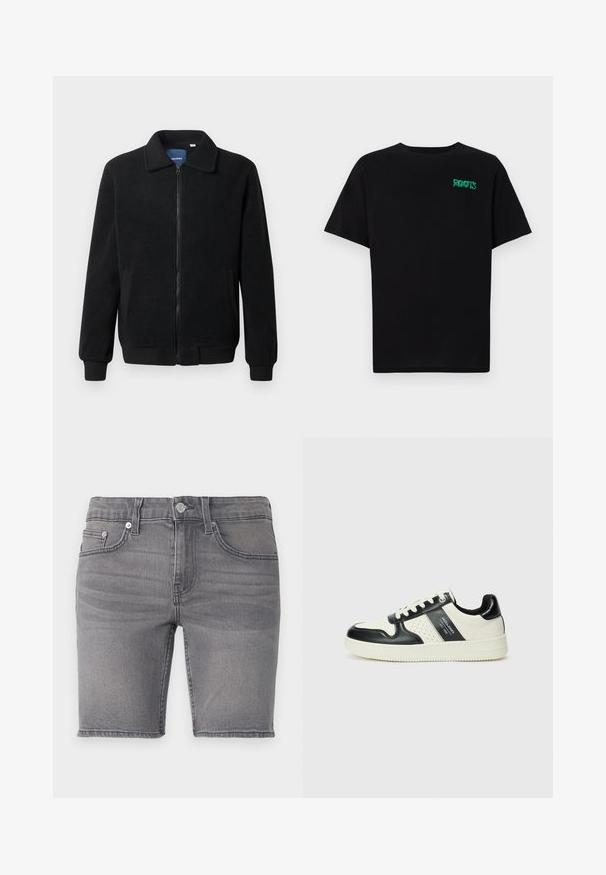 Μαύρο φλις μπουφάν με κλείσιμο με φερμουάρ, όρθιο γιακά, λαστιχένια μανίκια και πλάγιες τσέπες με υφή.; Μαύρη μπλούζα φτιαγμένη από βαμβάκι με κοντά μανίκια. Διαθέτει το πράσινο λογότυπο "ROOTS" μπροστά, στρογγυλή λαιμόκοψη και κανονική εφαρμογή.; Γκρίζα τζιν σορτς με πέντε τσέπες, φερμουάρ, ασημένιες λεπτομέρειες και ελαφρώς φθαρμένη υφή. Το τελείωμα είναι κομμένο πάνω από το γόνατο.; Δερμάτινα sneakers με μαύρο και κρεμ χρωματικό σχέδιο, με διάτρητες λεπτομέρειες, επενδεδυμένο κολάρο και υφή στη σόλα.