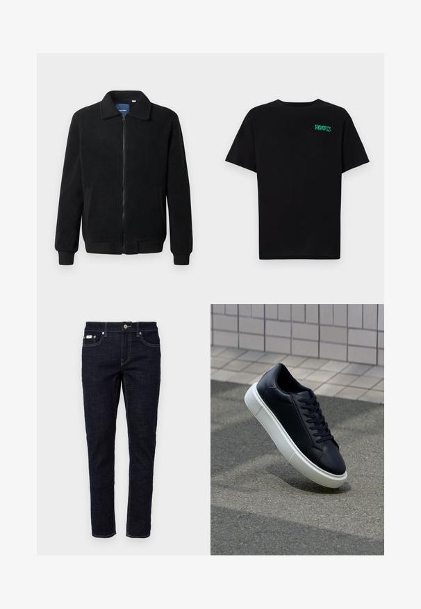 Črna flis jakna z zadrgo, stoječim ovratnikom, rebrastimi zapestji in stranskimi žepi s teksturirano površino.; Črna majica iz bombaža z kratkimi rokavi. Na sprednji strani ima zeleno logotip "ROOTS", okroglo ovratnico in standardno prileganje.; Temno modri kavbojke s slim fit krojem, petimi žepi, tradicionalnim šivanjem in kovinskim zapiranjem na pasu. Ostri tekstura.; Črne usnjene superge z zaobljenim prstom in belim gumijastim podplat. Imajo ravne vezalke in minimalno šivanje na zgornjem delu. Teksturirani podplat za oprijem.