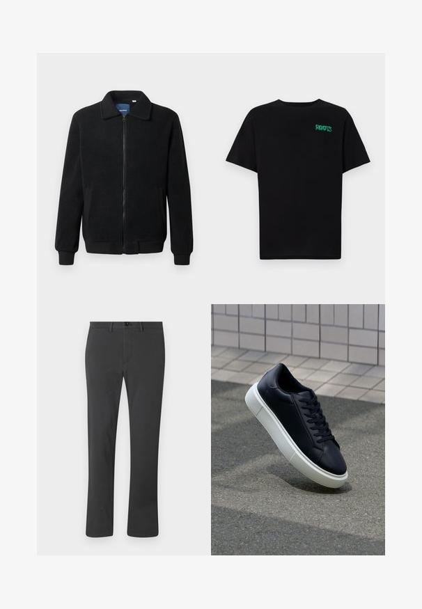 Schwarze Fleecejacke mit Reißverschluss, Stehkragen, gerippten Bündchen und seitlichen Taschen mit strukturiertem Oberflächenmaterial.; Schwarzes T-Shirt aus Baumwolle mit kurzen Ärmeln. Auf der Vorderseite befindet sich ein grünes "ROOTS"-Logo, es hat einen runden Halsauschnitt und eine normale Passform.; Schwarze Hose aus glattem Stoff, mit geradem Bein-Design, Reißverschluss, Knopfverschluss und Gürtelschlaufen. Schlichter und funktionaler Stil.; Schwarze Leder-Sneaker mit runder Zehenpartie und weißer Gummisohle. Verfügt über flache Schnürsenkel und minimale Nähte im Obermaterial. Strukturiertes Sohlenprofil für besseren Halt.