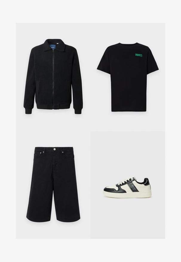 Musta fleece-takki, jossa on vetoketjulla suljettavat, pystykaulus, ribbireunat ja sivutaskut, joissa on teksturoitu pinta.; Mustat t-paidat, jotka on valmistettu puuvillasta ja joissa on lyhyet hihat. Edessä vihreä "ROOTS"-logo, pyöreä kaula-aukko ja normaali istuvuus.; Mustat farkkushortit suoralla leikkauksella, joissa on etunappi, kaksi sivutaskua ja sileä pinta. Ei näkyviä kuvioita tai koristeita.; Nahkakengät musta-kerma värimaailmassa, joissa on rei'itetyt yksityiskohdat, pehmustettu nilkkaosa ja teksturoitu pohja.