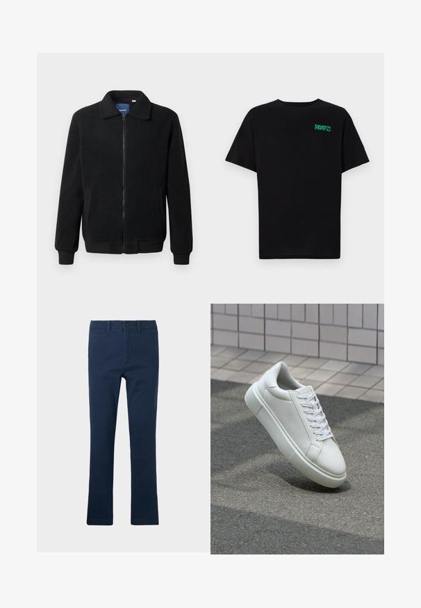 Musternahk fleece-jakk musternahaga, tõmblukk, seisev kaelus, soonikkoes varrukad ja küljetaskud tekstuurse pinnaga.; Must t-särk, mis on valmistatud puuvillast, lühikeste varrukatega. Esipaneelil on roheline "ROOTS" logo, ümmargune kaelus ja tavapärane lõige.; Tumed sinine puuvillane püksid sirge sääre kujundusega, esitaskutega, lukuga ja ühe nupu sulgemisega.; Valge nahkline sneka, millel on sile pind, ümar varvas ja lame valge pael. Omab tekstuuriga kummist talla ja minimaalset kujunduselementi.