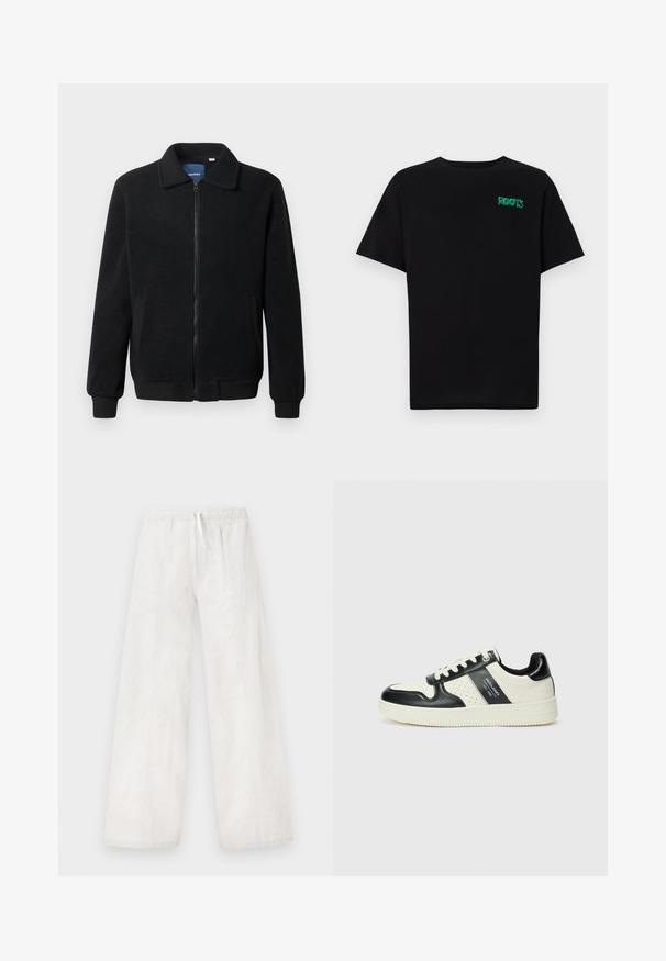 Melnā vilnas jaka ar rāvējslēdzēju, stāvošu apkakli, ribotām piedurknēm un sānu kabatām ar teksturētu virsmu.; Melna kokvilnas t-kreka ar īsām piedurknēm. Uz priekšu ir zaļa "ROOTS" logo, apaļa kakla izgriezums un standarta piegriezums.; Balti lina platās bikses ar elastīgu jostasvīru un aukliņas detaļu. Gluda tekstūra un taisna griezuma, ar sānu šuvēm.; Ādas sporta apavi ar melnbaltu krāsu shēmu, ar perforētiem akcentiem, mīkstinātu apkakli un teksturētu zoli.