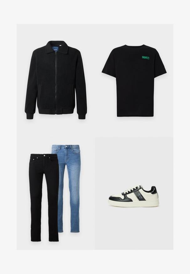 Fekete bolyhos dzseki cipzárral, állógallérral, bordázott mandzsettákkal és oldalzsebekkel, textúrált felülettel.; Fekete, pamutból készült póló rövid ujjakkal. Elöl zöld "ROOTS" logóval, kerek nyakkivágással és normál szabással.; Két farmernadrág: az egyik fekete, a másik világoskék. Mindkettő slim fit, öt zsebes kialakítású, és fémből készült kellékek találhatók a derékrészen.; Fekete és krém színű bőrsneaker, perforált díszítésekkel, párnázott bokapánttal és texturált talppal.