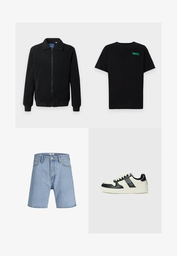 Černá fleecová bunda s zipovým uzávěrem, stojáčkem, vroubkovanými manžetami a bočními kapsami s texturovaným povrchem.; Černé tričko vyrobené z bavlny s krátkým rukávem. Na přední straně se nachází zelené logo "ROOTS", kulatý výstřih a standardní střih.; Jack & Jones ITONY ORIGINAL - Džínové kraťasy - blue denim; Kožené tenisky s černobílou barevnou kombinací, které mají perforované detaily, polstrovaný límec a texturovanou podrážku.