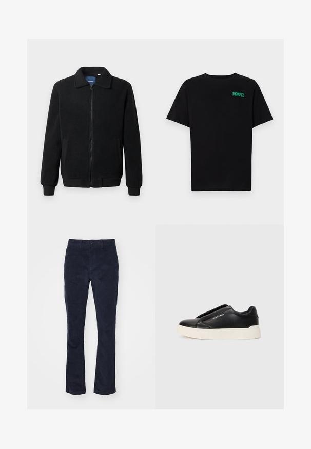 Black fleece jacket featuring a zip closure, stand collar, ribbed cuffs, and side pockets with a textured surface.; Black t-shirt made of cotton with short sleeves. Features a green "ROOTS" logo on the front, round neckline, and standard fit.; DOCKERS SMART FLEX MOTION SLIM - Chinos - navy; Black slip-on sneaker with textured leather upper, white rubber sole, and no visible laces. Features brand logo on the side.