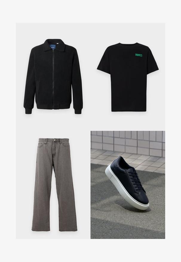 Musta fleece-takki, jossa on vetoketjulla suljettavat, pystykaulus, ribbireunat ja sivutaskut, joissa on teksturoitu pinta.; Mustat t-paidat, jotka on valmistettu puuvillasta ja joissa on lyhyet hihat. Edessä vihreä "ROOTS"-logo, pyöreä kaula-aukko ja normaali istuvuus.; Harmaat suorat farkut nappikiinnityksellä, vetoketjulla ja viidellä taskulla valkoista taustaa vasten.; Mustat nahkakengät, joissa on pyöristetty kärki ja valkoinen kumipohja. Varusteena litteät nauhat ja minimaalinen ommel ylhäällä. Teksturoitu pohja pitävyyden lisäämiseksi.