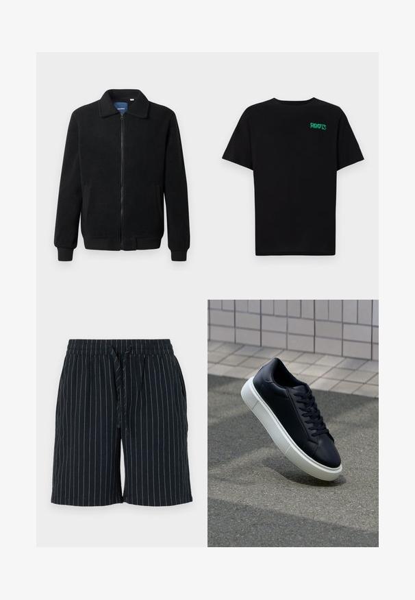 Crni flis jakna s zatvaranjem na zip, stojećim ovratnikom, rebrastim manžetama i bočnim džepovima s teksturiranom površinom.; Crna majica kratkih rukava od pamuka. Na prednjem dijelu se nalazi zeleni "ROOTS" logo, okrugli izrez i standardni kroj.; Tamno plave kratke hlače s uskim svijetlim prugama, elastičnom oznakom u struku, zatvaranjem na vezanje i bočnim džepovima. Izrađene od lagane tkanine.; Crne kožne tenisice s zaobljenim vrhom i bijelim gumiranim potplatom. Imaju ravne vezice i minimalno šivanje na gornjem dijelu. Teksturirani potplat za bolje prianjanje.