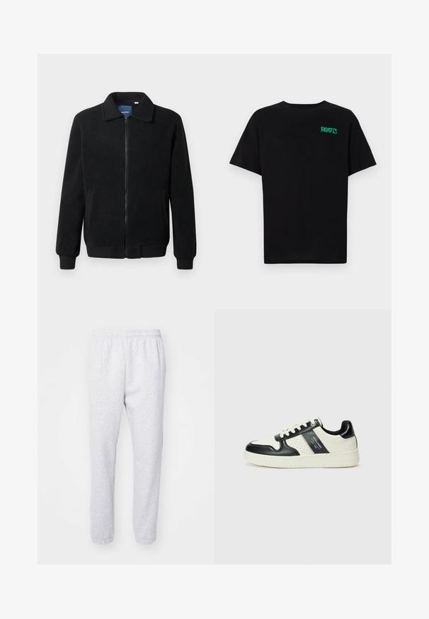 Sort fleecejakke med lynlås, opretstående krave, ribbede manchetter og sidelommer med en tekstureret overflade.; Sort t-shirt lavet af bomuld med korte ærmer. Har et grønt "ROOTS" logo på forsiden, rund halsudskæring og almindelig pasform.; Lysegrå joggingbukser lavet af blød bomuldsblanding, med elastisk talje og tætsiddende manchetter ved anklerne. Ingen synlige mønstre eller logoer.; Lædersneakers i sort og creme farveskema, med perforerede detaljer, en polstret krave og en struktureret ydersål.