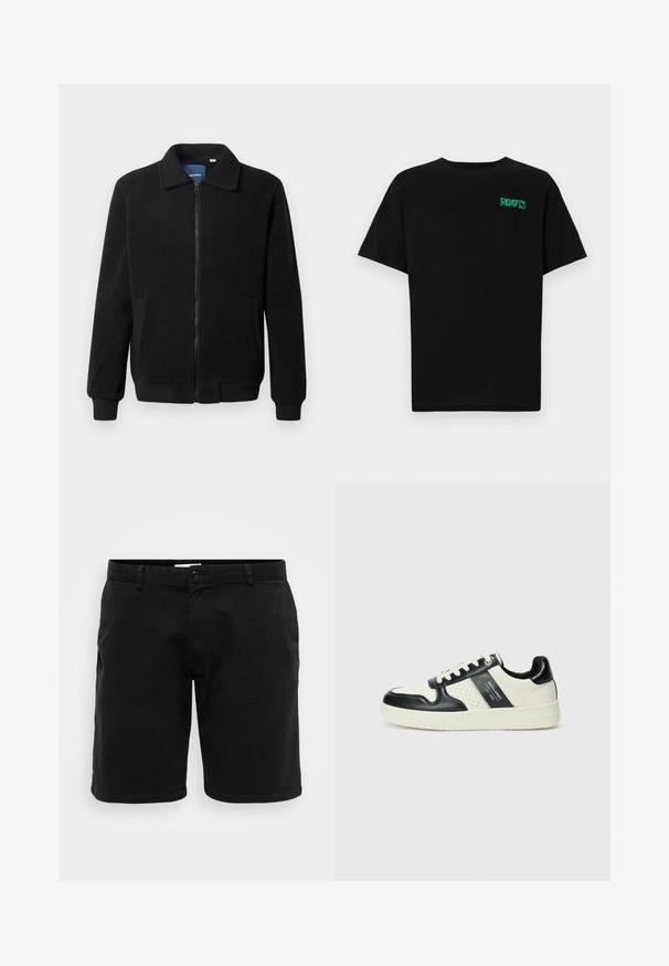 Jachetă din fleece neagră, cu închidere prin fermoar, guler înalt, manșete ribbate și buzunare laterale cu o suprafață texturată.; Tricou negru din bumbac, cu mâneci scurte. Prezintă un logo verde "ROOTS" pe față, guler rotund și o potrivire standard.; Șorturi negre din bumbac cu croială dreaptă. Prezintă închidere cu buton și bucle pentru curea. Textură netedă și lungime ușor peste genunchi.; Tenisi din piele cu un scheme de culori negru și crem, dotati cu accente perforate, guler căptușit și o talpă texturată.