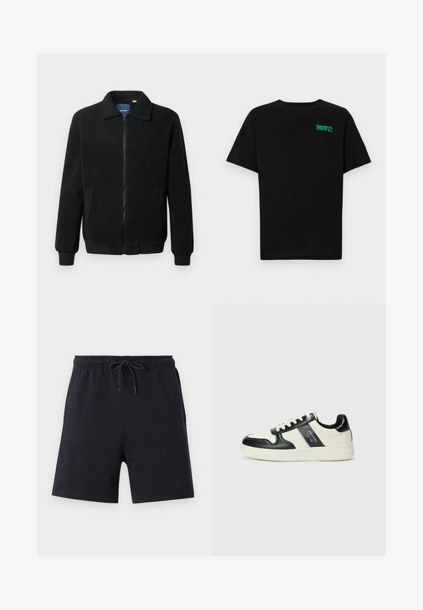 Melnā vilnas jaka ar rāvējslēdzēju, stāvošu apkakli, ribotām piedurknēm un sānu kabatām ar teksturētu virsmu.; Melna kokvilnas t-kreka ar īsām piedurknēm. Uz priekšu ir zaļa "ROOTS" logo, apaļa kakla izgriezums un standarta piegriezums.; Melni kokvilnas šorti ar elastīgu jostu un auklu, ar vienkāršu dizainu un gludu tekstūru.; Ādas sporta apavi ar melnbaltu krāsu shēmu, ar perforētiem akcentiem, mīkstinātu apkakli un teksturētu zoli.