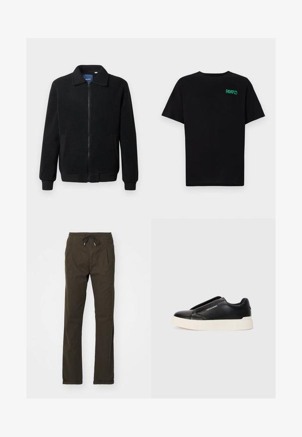 Crni flis jakna s zatvaranjem na zip, stojećim ovratnikom, rebrastim manžetama i bočnim džepovima s teksturiranom površinom.; Crna majica kratkih rukava od pamuka. Na prednjem dijelu se nalazi zeleni "ROOTS" logo, okrugli izrez i standardni kroj.; Smeđe hlače s vezicom napravljene od mekog materijala, sa bočnim džepovima i opuštenim krojem, s prevrnutim rubovima.; Crne slip-on tenisice s teksturiranim kožnim gornjištem, bijelim gumeni potplat i bez vidljivih vezica. Sadrži logotip marke sa strane.
