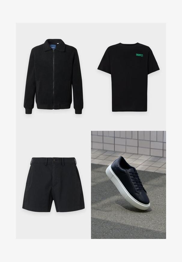 Crni flis jakna s zatvaranjem na zip, stojećim ovratnikom, rebrastim manžetama i bočnim džepovima s teksturiranom površinom.; Crna majica kratkih rukava od pamuka. Na prednjem dijelu se nalazi zeleni "ROOTS" logo, okrugli izrez i standardni kroj.; Crne pamučne kratke hlače s pojasom na dugme, bočnim džepovima i ravnim krojem. Glatka tekstura s minimalističkim estetskim izgledom.; Crne kožne tenisice s zaobljenim vrhom i bijelim gumiranim potplatom. Imaju ravne vezice i minimalno šivanje na gornjem dijelu. Teksturirani potplat za bolje prianjanje.