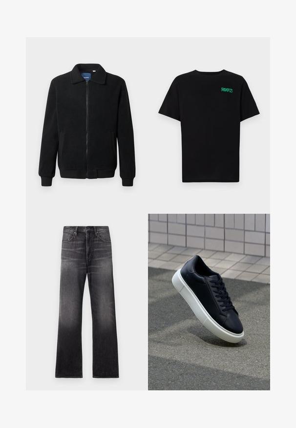 Crni flis jakna s zatvaranjem na zip, stojećim ovratnikom, rebrastim manžetama i bočnim džepovima s teksturiranom površinom.; Crna majica kratkih rukava od pamuka. Na prednjem dijelu se nalazi zeleni "ROOTS" logo, okrugli izrez i standardni kroj.; Crne traperice s ravnim krojem, s blago izblijedjelim završetkom, prednjim džepovima, petljama za remen i vidljivim šavovima.; Crne kožne tenisice s zaobljenim vrhom i bijelim gumiranim potplatom. Imaju ravne vezice i minimalno šivanje na gornjem dijelu. Teksturirani potplat za bolje prianjanje.
