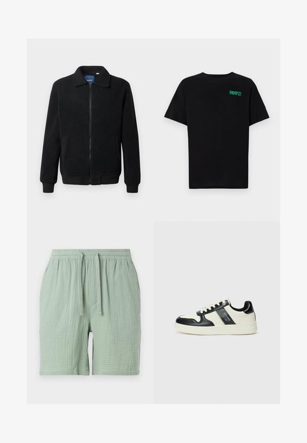 Veste en polaire noire avec fermeture éclair, col montant, poignets côtelés et poches latérales avec une surface texturée.; T-shirt noir en coton à manches courtes. Présente un logo "ROOTS" vert sur le devant, un col rond et une coupe standard.; Shorts en coton vert clair avec une taille élastique et un cordon de serrage. Tissu texturé légèrement froissé, avec une poche sur le côté.; Baskets en cuir avec un schéma de couleurs noir et crème, dotées d'accents perforés, d'un col rembourré et d'une semelle texturée.