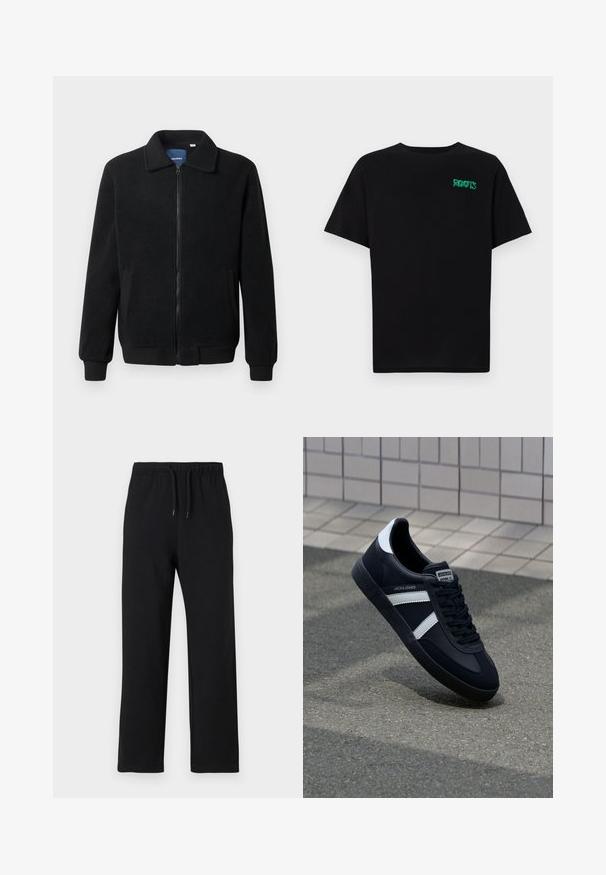 Schwarze Fleecejacke mit Reißverschluss, Stehkragen, gerippten Bündchen und seitlichen Taschen mit strukturiertem Oberflächenmaterial.; Schwarzes T-Shirt aus Baumwolle mit kurzen Ärmeln. Auf der Vorderseite befindet sich ein grünes "ROOTS"-Logo, es hat einen runden Halsauschnitt und eine normale Passform.; Jack & Jones JPSTKANE JJCHARGE UNCUFFED - Jogginghose - black; Schwarze Leder-Sneaker mit weißen Streifen, strukturiertem Gummisohle und Schnürung. Verfügt über ein Markenetikett auf der Zunge.