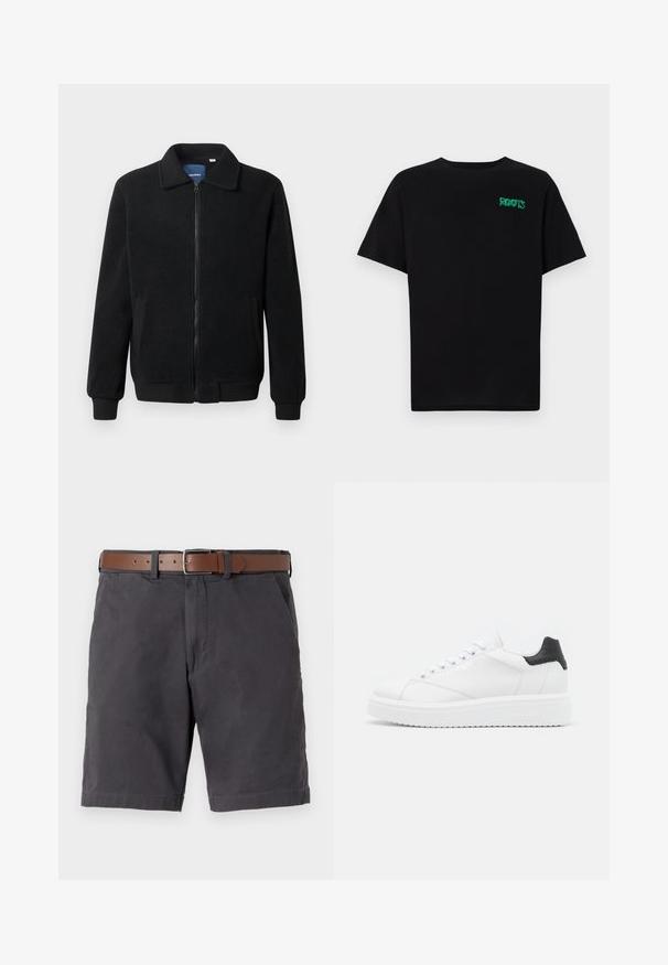 Fekete bolyhos dzseki cipzárral, állógallérral, bordázott mandzsettákkal és oldalzsebekkel, textúrált felülettel.; Fekete, pamutból készült póló rövid ujjakkal. Elöl zöld "ROOTS" logóval, kerek nyakkivágással és normál szabással.; Sötét szürke pamut sort, barna bőrbelsővel, elülső zsebekkel és varrott szegés részletekkel.; Fehér bőr sportcipő fekete sarkú, lapos fűzőkkel, texturált középtalppal és logóval a külső oldalon. Mindennapi viseletre tervezve.