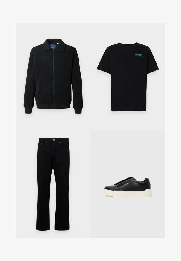 Svart fleecjacka med dragkedja, ståkrage, ribbade muddar och sidofickor med texturerad yta.; Svart t-shirt i bomull med korta ärmar. Har en grön "ROOTS" logotyp på framsidan, rund halsringning och standard passform.; Svarta denimbyxor med rak bendesign, utrustade med fem fickor, knappstängning och silverfärgade detaljer. Slät textur.; Svart slip-on sneakers med texturerat läderöverkänsliga, vit gummisula och utan synliga snören. Har varumärkeslogotyp på sidan.