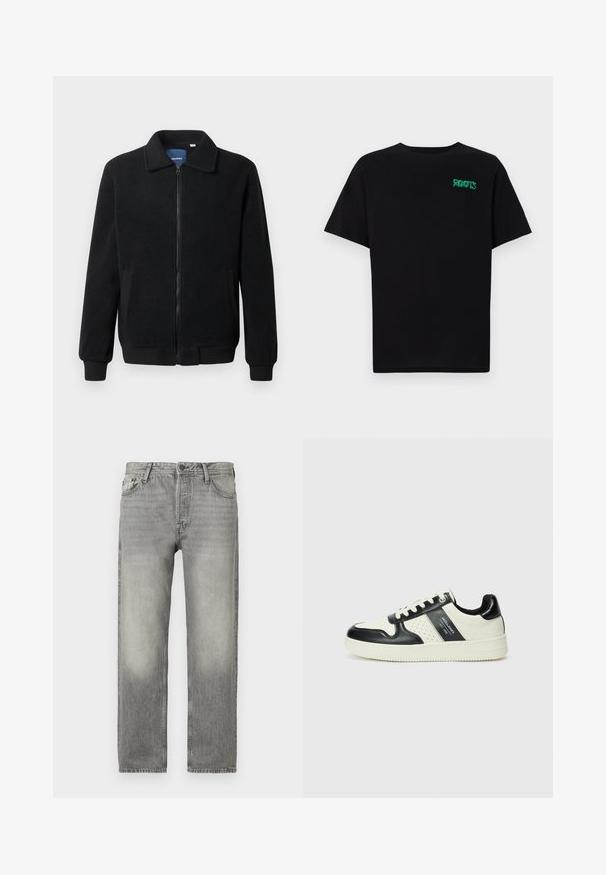 Zwarte fleece jas met een ritssluiting, staande kraag, ribgebreide manchetten en zijzakken met een textuur.; Zwarte T-shirt van katoen met korte mouwen. Heeft een groen "ROOTS" logo op de voorkant, een ronde halslijn en een standaard pasvorm.; Grijze denim jeans met een relaxte pasvorm, voorzien van een vervagende wassing, vijf zakken, knoopsluiting en een rechte pijp.; Leren sneakers met een zwart en crèmekleurig kleurenschema, voorzien van geperforeerde accenten, een gevoerde kraag en een gestructureerde buitenzool.