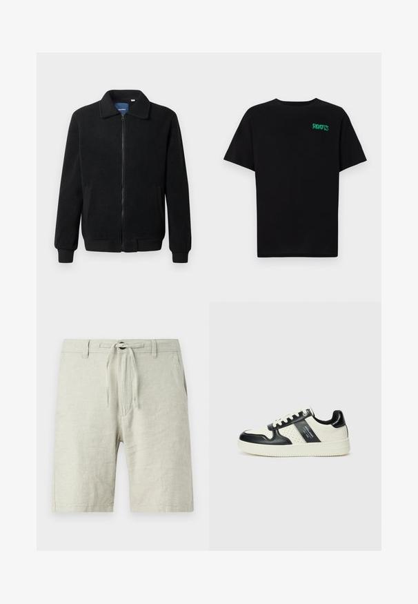 Μαύρο φλις μπουφάν με κλείσιμο με φερμουάρ, όρθιο γιακά, λαστιχένια μανίκια και πλάγιες τσέπες με υφή.; Μαύρη μπλούζα φτιαγμένη από βαμβάκι με κοντά μανίκια. Διαθέτει το πράσινο λογότυπο "ROOTS" μπροστά, στρογγυλή λαιμόκοψη και κανονική εφαρμογή.; Ανοιχτό γκρι λινά σορτς με ελαστική ζώνη που ρυθμίζεται με κορδόνι, πλαϊνές τσέπες και χαλαρή εφαρμογή. Υφασμάτινη επιφάνεια με ελαφριά λάμψη.; Δερμάτινα sneakers με μαύρο και κρεμ χρωματικό σχέδιο, με διάτρητες λεπτομέρειες, επενδεδυμένο κολάρο και υφή στη σόλα.