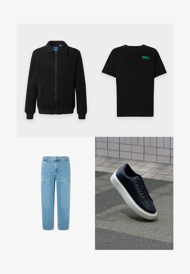 Musternahk fleece-jakk musternahaga, tõmblukk, seisev kaelus, soonikkoes varrukad ja küljetaskud tekstuurse pinnaga.; Must t-särk, mis on valmistatud puuvillast, lühikeste varrukatega. Esipaneelil on roheline "ROOTS" logo, ümmargune kaelus ja tavapärane lõige.; Heledad teksased heledas sinine värv, otse lõikega, kahe suurte klapptasku ja peente kulumise detailidega kangal.; Mustast nahast tennisetoss, millel on ümar nina ja valge kummist tall. Omab siredaid paelu ja minimaalset õmblemist ülemises osas. Tekstuuriga tald, mis tagab haakuvuse.