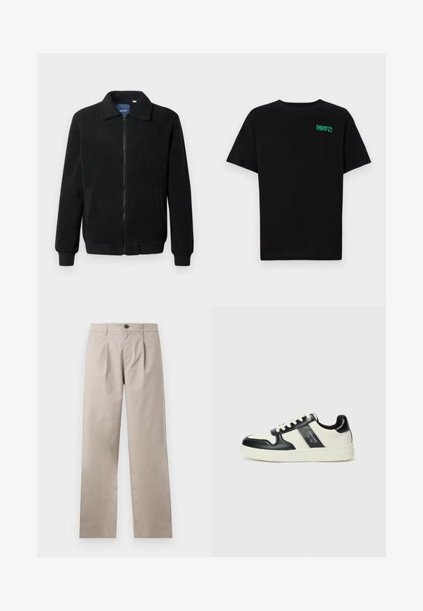 Melnā vilnas jaka ar rāvējslēdzēju, stāvošu apkakli, ribotām piedurknēm un sānu kabatām ar teksturētu virsmu.; Melna kokvilnas t-kreka ar īsām piedurknēm. Uz priekšu ir zaļa "ROOTS" logo, apaļa kakla izgriezums un standarta piegriezums.; Beige bikses ar taisnu kāju, ar vienu krokām, četrām kabatām un priekšējo pogu aizdari, izgatavotas no viegla kokvilnas auduma.; Ādas sporta apavi ar melnbaltu krāsu shēmu, ar perforētiem akcentiem, mīkstinātu apkakli un teksturētu zoli.