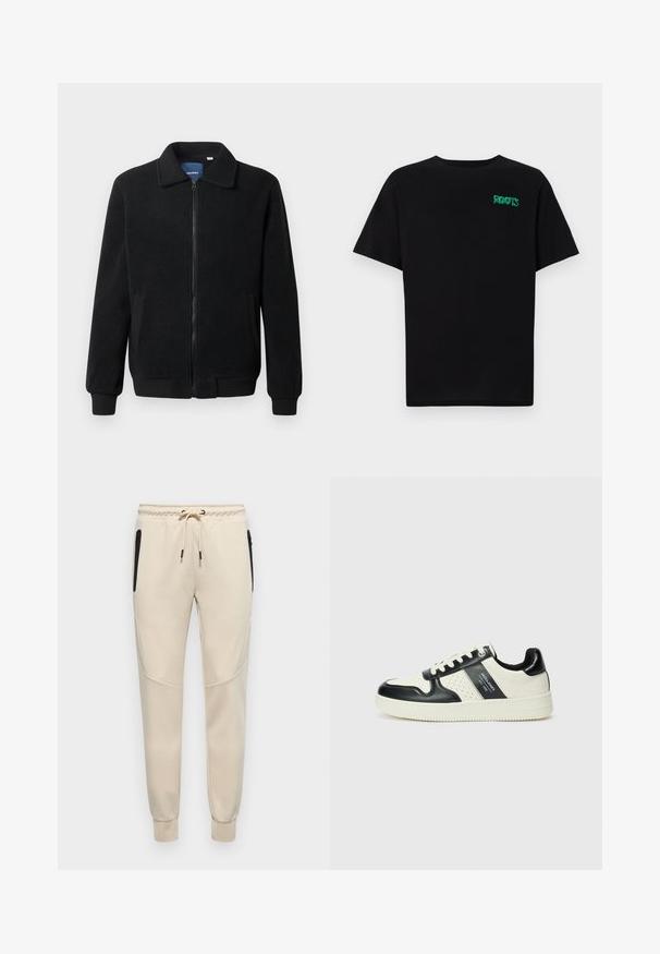 Veste en polaire noire avec fermeture éclair, col montant, poignets côtelés et poches latérales avec une surface texturée.; T-shirt noir en coton à manches courtes. Présente un logo "ROOTS" vert sur le devant, un col rond et une coupe standard.; Pantalons de survêtement beige clair avec une taille à cordon de serrage, des zips sur les côtés et des poignets fuselés avec des accents texturés sur les panneaux latéraux.; Baskets en cuir avec un schéma de couleurs noir et crème, dotées d'accents perforés, d'un col rembourré et d'une semelle texturée.
