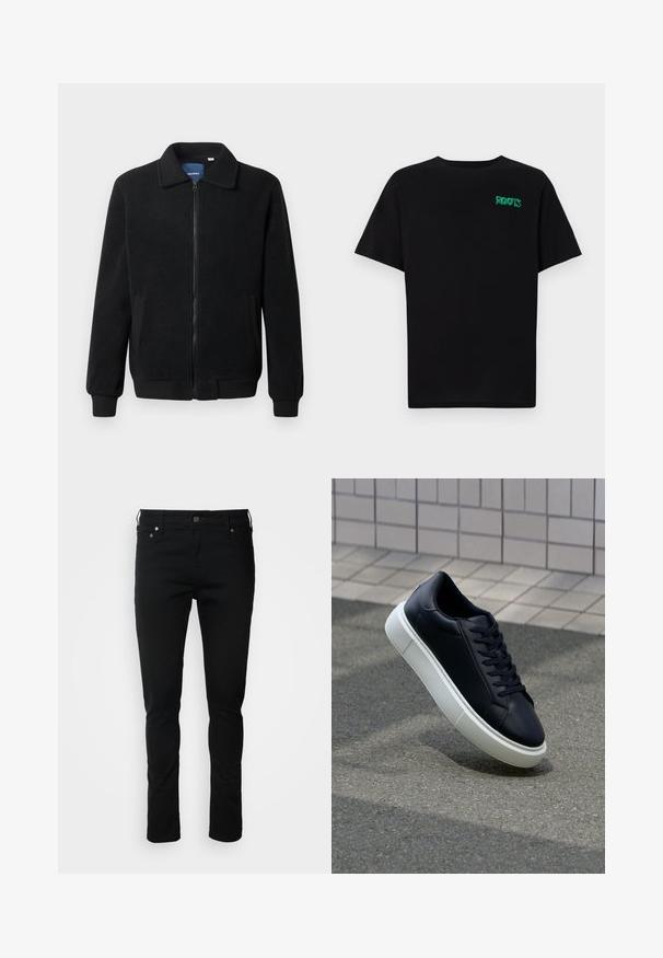 Črna flis jakna z zadrgo, stoječim ovratnikom, rebrastimi zapestji in stranskimi žepi s teksturirano površino.; Črna majica iz bombaža z kratkimi rokavi. Na sprednji strani ima zeleno logotip "ROOTS", okroglo ovratnico in standardno prileganje.; Črne jeans hlače z ožjim krojem, z zadrgo, passom za pas in sprednjimi žepi. Gladka tekstura, minimalna dekoracija, klasičen dizajn.; Črne usnjene superge z zaobljenim prstom in belim gumijastim podplat. Imajo ravne vezalke in minimalno šivanje na zgornjem delu. Teksturirani podplat za oprijem.