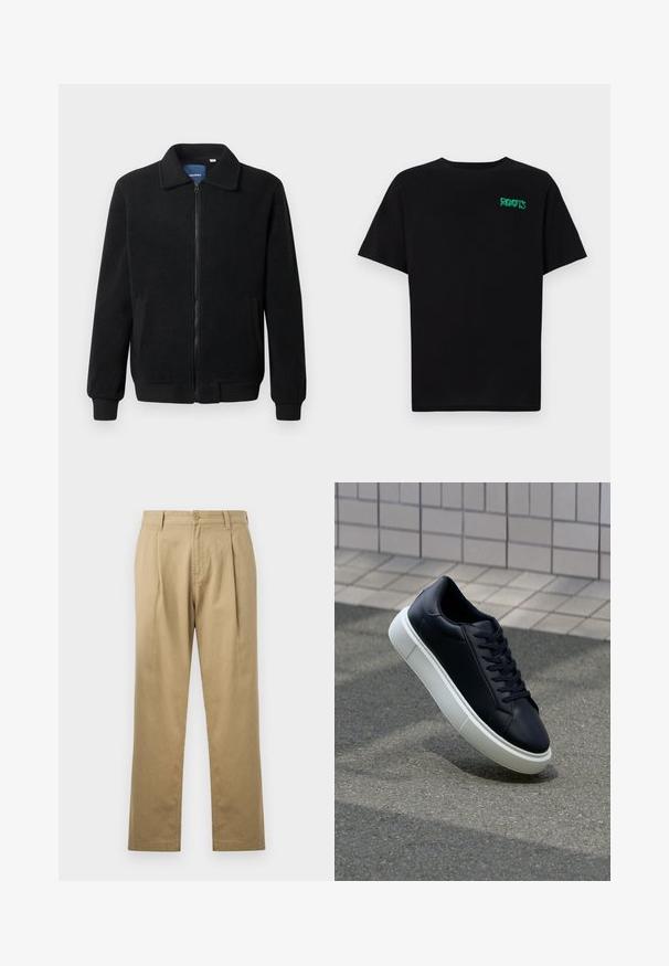 Black fleece jacket featuring a zip closure, stand collar, ribbed cuffs, and side pockets with a textured surface.; Black t-shirt made of cotton with short sleeves. Features a green "ROOTS" logo on the front, round neckline, and standard fit.; Beige chinos with a straight leg, pleated front, and button closure. Smooth texture and standard waistband design.; Black leather sneaker with rounded toe and white rubber sole. Features flat laces and minimal stitching on the upper. Textured sole for grip.