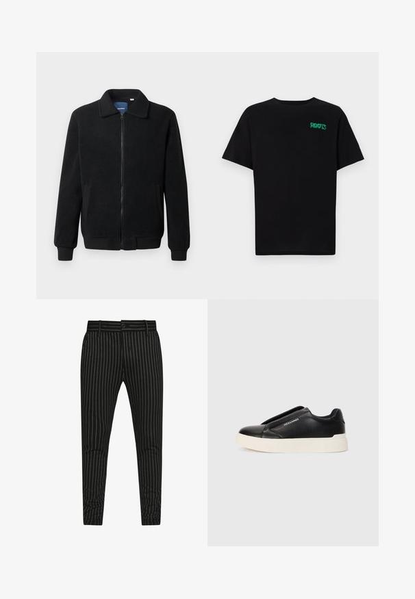 Black fleece jacket featuring a zip closure, stand collar, ribbed cuffs, and side pockets with a textured surface.; Black t-shirt made of cotton with short sleeves. Features a green "ROOTS" logo on the front, round neckline, and standard fit.; Black striped trousers featuring vertical white pinstripes, a slim fit design, and a button closure with belt loops for adjustable sizing.; Black slip-on sneaker with textured leather upper, white rubber sole, and no visible laces. Features brand logo on the side.