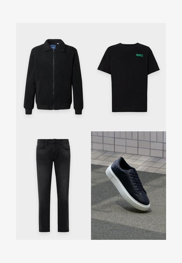 Crni flis jakna s zatvaranjem na zip, stojećim ovratnikom, rebrastim manžetama i bočnim džepovima s teksturiranom površinom.; Crna majica kratkih rukava od pamuka. Na prednjem dijelu se nalazi zeleni "ROOTS" logo, okrugli izrez i standardni kroj.; Crne uske traperice s pet džepova, petljama za remen i kopčanjem na dugme, položene ravno na bijeloj pozadini.; Crne kožne tenisice s zaobljenim vrhom i bijelim gumiranim potplatom. Imaju ravne vezice i minimalno šivanje na gornjem dijelu. Teksturirani potplat za bolje prianjanje.