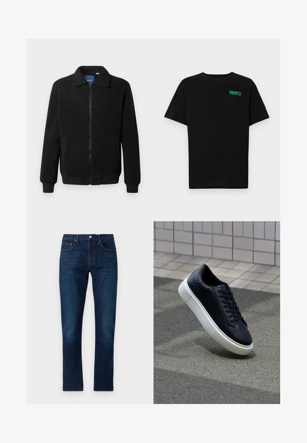 Black fleece jacket featuring a zip closure, stand collar, ribbed cuffs, and side pockets with a textured surface.; Black t-shirt made of cotton with short sleeves. Features a green "ROOTS" logo on the front, round neckline, and standard fit.; Dark blue denim jeans with a straight leg cut. Features include contrast stitching, five pockets, and a front button closure.; Black leather sneaker with rounded toe and white rubber sole. Features flat laces and minimal stitching on the upper. Textured sole for grip.