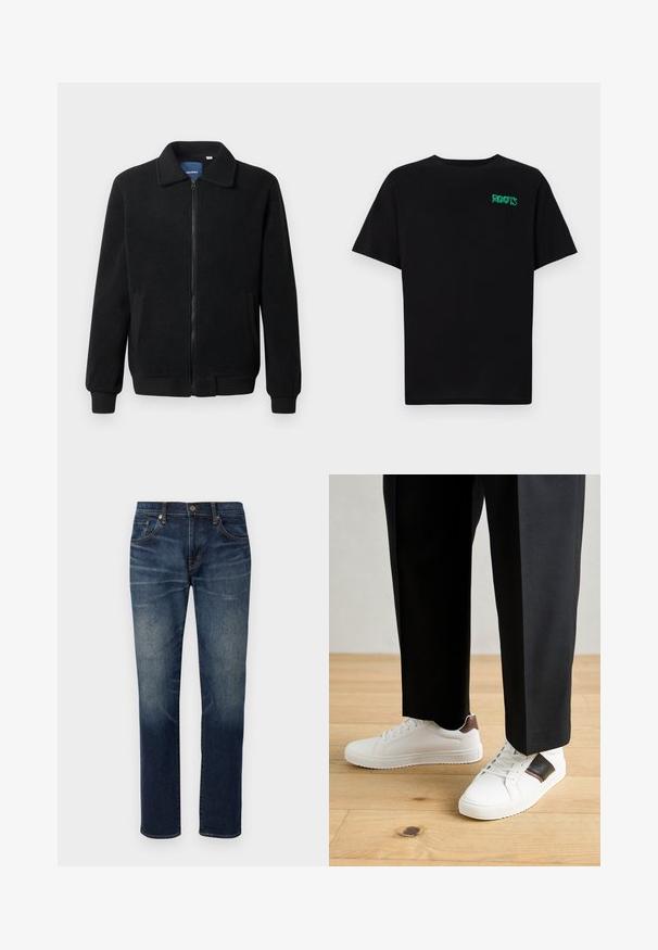 Casaco de polar preto com fecho de correr, gola alta, punhos canelados e bolsos laterais com uma superfície texturizada.; T-shirt preta feita de algodão com mangas curtas. Apresenta um logótipo verde "ROOTS" na frente, gola redonda e corte standard.; Edwin REGULAR TAPERED - Calças de ganga de corte afunilado - blue mid dark used; Ténis brancos com textura suave, apresentando elementos em pele castanha e detalhes em preto, combinados com calças pretas ajustadas. Fundo de chão de madeira.