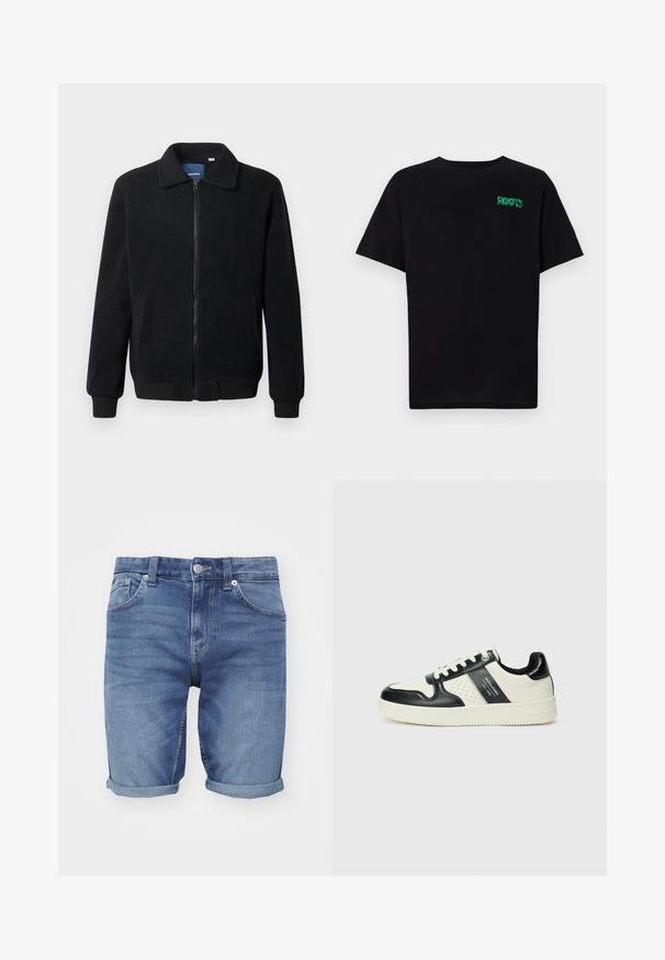 Črna flis jakna z zadrgo, stoječim ovratnikom, rebrastimi zapestji in stranskimi žepi s teksturirano površino.; Črna majica iz bombaža z kratkimi rokavi. Na sprednji strani ima zeleno logotip "ROOTS", okroglo ovratnico in standardno prileganje.; Denim kratke hlače v svetlo modri barvi. Imajo klasičen pet-pocket dizajn, zvite robove in kovinsko zaponko na pasu.; Usnjeni športni čevlji z črno in krem barvno shemo, ki vključujejo perforirane dodatke, podložen ovratnik in strukturirano podplat.