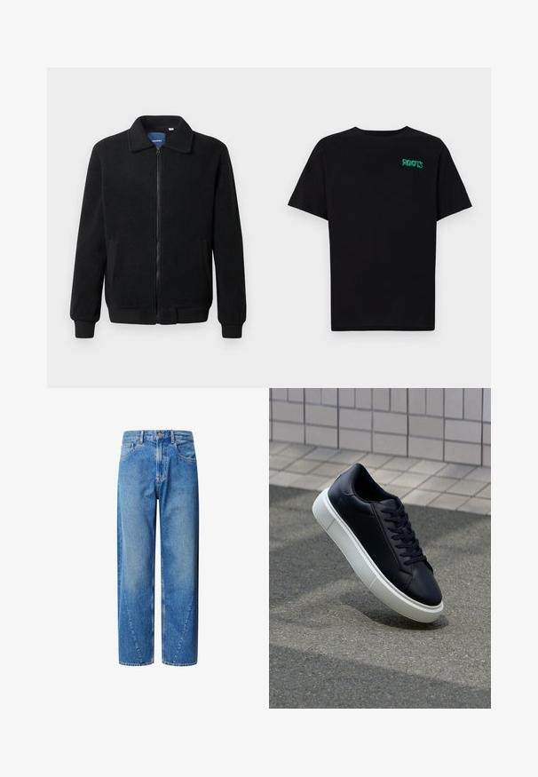 Musternahk fleece-jakk musternahaga, tõmblukk, seisev kaelus, soonikkoes varrukad ja küljetaskud tekstuurse pinnaga.; Must t-särk, mis on valmistatud puuvillast, lühikeste varrukatega. Esipaneelil on roheline "ROOTS" logo, ümmargune kaelus ja tavapärane lõige.; Heledad sinine teksased kõrge taljega, laia säärega lõikega ja kaldu õmblusega. Omab viit taskut ja nööbiga sulgemist.; Mustast nahast tennisetoss, millel on ümar nina ja valge kummist tall. Omab siredaid paelu ja minimaalset õmblemist ülemises osas. Tekstuuriga tald, mis tagab haakuvuse.