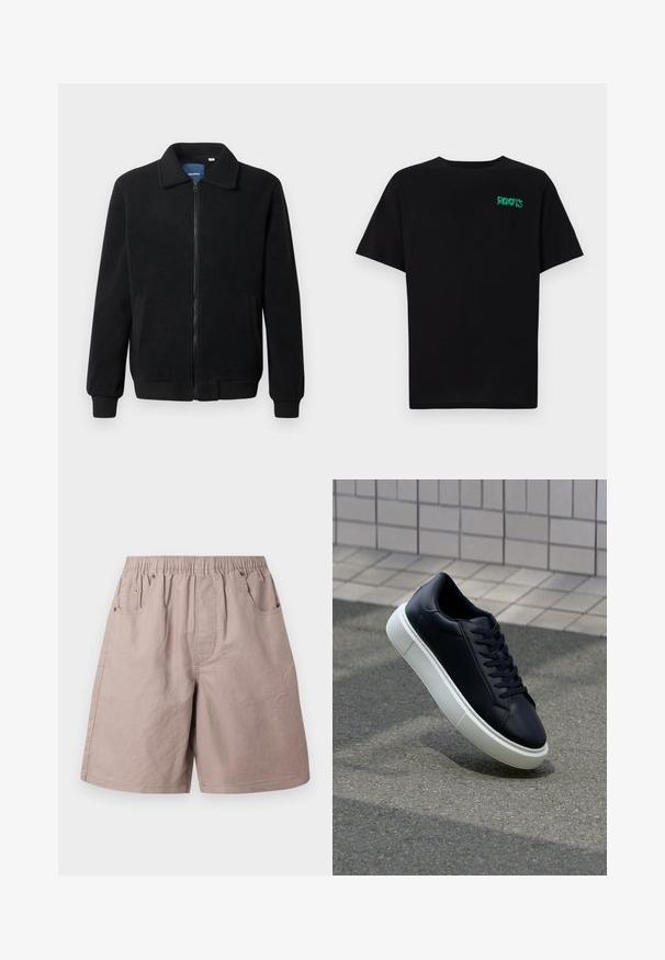 Svart fleece jakke med glidelås, høy krage, ribbestrikkede mansjetter og sidelommer med strukturert overflate.; svart t-skjorte laget av bomull med korte ermer. Har et grønt "ROOTS"-logo på forsiden, rund halsutringning og standard passform.; Beige bomullsshorts med elastisk midje, to sidelommer og subtile sømdetaljer. Glatt tekstur, kne-lengde design.; Sorte skinnsneakers med rund tå og hvit gummisåle. Har flate lisser og minimal søm på overdelen. Strukturert såle for grep.