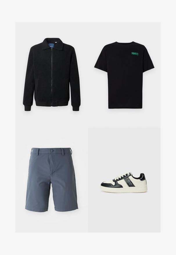 Casaco de polar preto com fecho de correr, gola alta, punhos canelados e bolsos laterais com uma superfície texturizada.; T-shirt preta feita de algodão com mangas curtas. Apresenta um logótipo verde "ROOTS" na frente, gola redonda e corte standard.; Calças cinzentas até ao joelho feitas de tecido leve; apresentam um fecho de botão, passadores para cinto e bolsos laterais com uma textura suave.; Ténis de couro com um esquema de cores em preto e creme, apresentando detalhes perfurados, um colarinho acolchoado e uma sola texturizada.