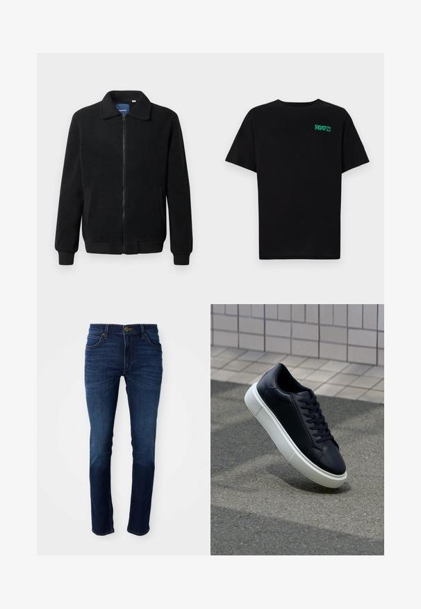 Černá fleecová bunda s zipovým uzávěrem, stojáčkem, vroubkovanými manžetami a bočními kapsami s texturovaným povrchem.; Černé tričko vyrobené z bavlny s krátkým rukávem. Na přední straně se nachází zelené logo "ROOTS", kulatý výstřih a standardní střih.; Tmavě modré džíny z denimu s klasickým rovným střihem, s knoflíkovým zapínáním a pěti kapsami. Materiál má hladkou strukturu.; Černé kožené tenisky s kulatou špičkou a bílou gumovou podrážkou. mají ploché tkaničky a minimální šití na svršku. Texturovaná podrážka pro lepší přilnavost.