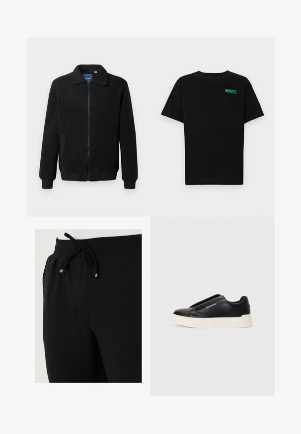 Crni flis jakna s zatvaranjem na zip, stojećim ovratnikom, rebrastim manžetama i bočnim džepovima s teksturiranom površinom.; Crna majica kratkih rukava od pamuka. Na prednjem dijelu se nalazi zeleni "ROOTS" logo, okrugli izrez i standardni kroj.; Buratti Donji dijelovi trenirke - black; Crne slip-on tenisice s teksturiranim kožnim gornjištem, bijelim gumeni potplat i bez vidljivih vezica. Sadrži logotip marke sa strane.