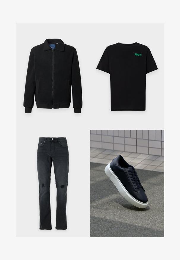 Fekete bolyhos dzseki cipzárral, állógallérral, bordázott mandzsettákkal és oldalzsebekkel, textúrált felülettel.; Fekete, pamutból készült póló rövid ujjakkal. Elöl zöld "ROOTS" logóval, kerek nyakkivágással és normál szabással.; Fekete farmernadrág, slim fit szabású, finom kopásokkal, két térdrészi kiszakadással, és klasszikus öt zsebes kialakítással, gombos záródással.; Fekete bőr sportcipő lekerekített orral és fehér gumitalppal. Lapos fűzőkkel és minimális varrásokkal rendelkezik a felsőrészén. Mintás talp a tapadásért.