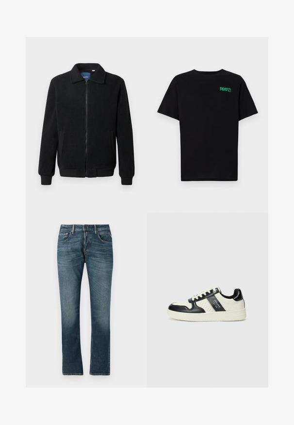 Black fleece jacket featuring a zip closure, stand collar, ribbed cuffs, and side pockets with a textured surface.; Black t-shirt made of cotton with short sleeves. Features a green "ROOTS" logo on the front, round neckline, and standard fit.; Blue denim jeans with a straight leg fit, faded wash, five-pocket design, and contrasting stitching. Button and zip fly closure.; Leather sneakers with a black and cream color scheme, featuring perforated accents, a padded collar, and a textured outsole.