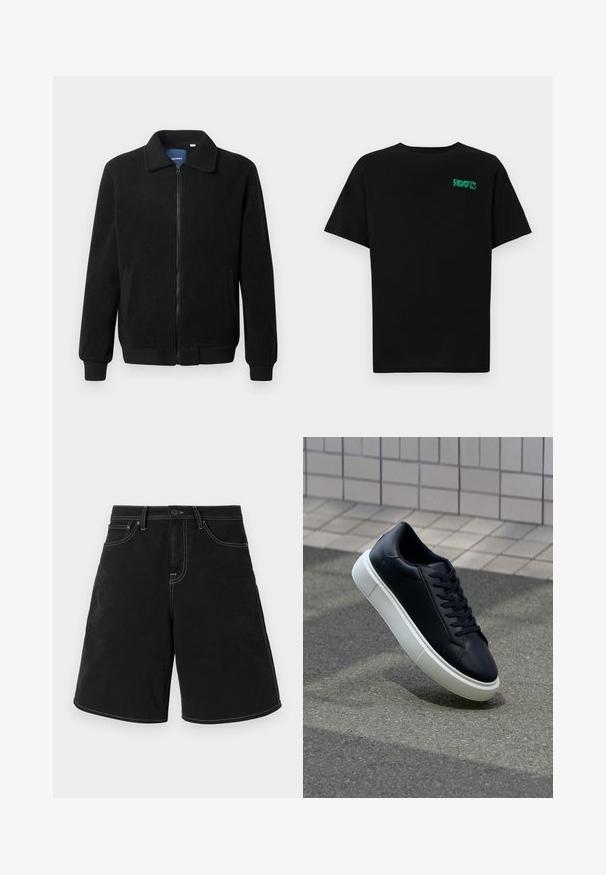 Melnā vilnas jaka ar rāvējslēdzēju, stāvošu apkakli, ribotām piedurknēm un sānu kabatām ar teksturētu virsmu.; Melna kokvilnas t-kreka ar īsām piedurknēm. Uz priekšu ir zaļa "ROOTS" logo, apaļa kakla izgriezums un standarta piegriezums.; Melnas džinsas šorti ar taisnu piegriezumu, ar kontrastējošu baltu šuvju, priekšējām kabatām un pogu jostasvietu. Gluda tekstūra.; Melnas ādas kedas ar noapaļotu pirkstu un baltu gumijas zoli. Iespējas - plakanas šņorītes un minimāla apdare augšdaļā. Struktūrēta zole, lai nodrošinātu saķeri.