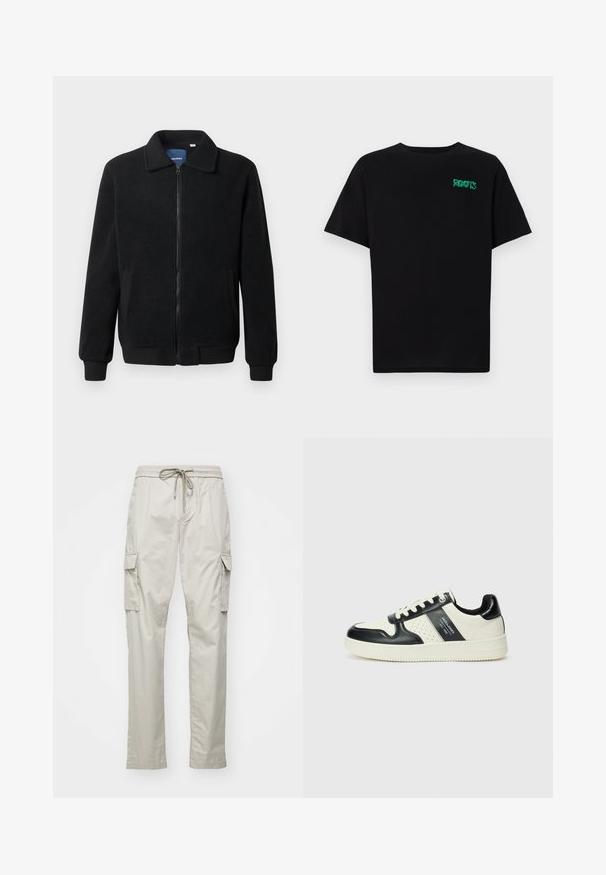 Zwarte fleece jas met een ritssluiting, staande kraag, ribgebreide manchetten en zijzakken met een textuur.; Zwarte T-shirt van katoen met korte mouwen. Heeft een groen "ROOTS" logo op de voorkant, een ronde halslijn en een standaard pasvorm.; Lichtbeige cargobroek met een elastische tailleband, trekkoord en twee zijvakken. Gemaakt van een lichtgewicht, gladde stof.; Leren sneakers met een zwart en crèmekleurig kleurenschema, voorzien van geperforeerde accenten, een gevoerde kraag en een gestructureerde buitenzool.