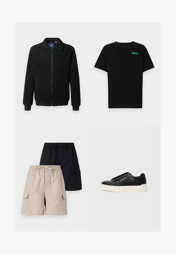 Juodas fliso džemperis su užtrauktuku, stovinčia apykakle, gumuotais rankogaliais ir šoninėmis kišenėmis, turinčiomis tekstūruotą paviršių.; Juodas medvilninis marškinėliai trumpomis rankovėmis. Priekyje yra žalias „ROOTS“ logotipas, apvalus iškirpimas ir standartinė prigludimo forma.; Dvi šortų poros, viena bežė, kita juoda, su elastinėmis juostomis ir raišteliais, taip pat su šoninėmis kišenėmis.; Juodi slip-on sportbačiai su tekstūruota odos viršutine dalimi, balta gumine padai ir be matomų raištelių. Šone yra prekės ženklo logotipas.
