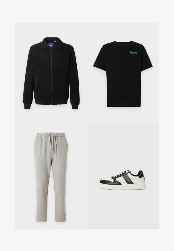 Juodas fliso džemperis su užtrauktuku, stovinčia apykakle, gumuotais rankogaliais ir šoninėmis kišenėmis, turinčiomis tekstūruotą paviršių.; Juodas medvilninis marškinėliai trumpomis rankovėmis. Priekyje yra žalias „ROOTS“ logotipas, apvalus iškirpimas ir standartinė prigludimo forma.; Šviesiai pilki sportiniai kelniai su elastingu juosmeniu ir raišteliu, siaurėjančiomis kojomis ir tekstūruota medžiaga, suteikiančia papildomą komfortą.; Odiniai sportbačiai juodos ir kreminės spalvų schemoje, su perforuotais akcentais, paminkštinta apykakle ir tekstūruotu padu.