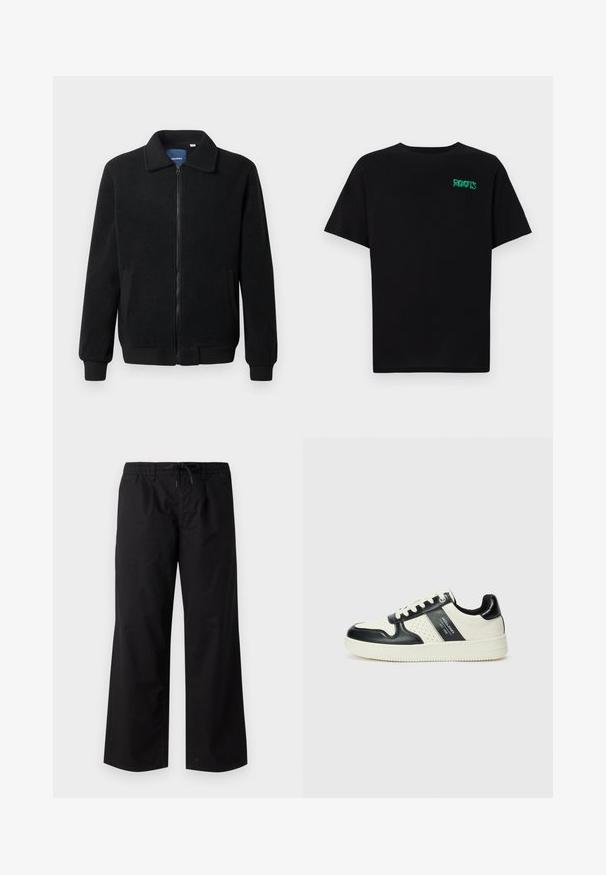 Veste en polaire noire avec fermeture éclair, col montant, poignets côtelés et poches latérales avec une surface texturée.; T-shirt noir en coton à manches courtes. Présente un logo "ROOTS" vert sur le devant, un col rond et une coupe standard.; Jack & Jones JPSTBILL JJJAMIE PLEATED JOGGER - Pantalon classique - black; Baskets en cuir avec un schéma de couleurs noir et crème, dotées d'accents perforés, d'un col rembourré et d'une semelle texturée.