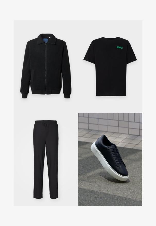 Veste en polaire noire avec fermeture éclair, col montant, poignets côtelés et poches latérales avec une surface texturée.; T-shirt noir en coton à manches courtes. Présente un logo "ROOTS" vert sur le devant, un col rond et une coupe standard.; Pantalons noirs en tricot côtelé avec une taille élastique et un cordon de serrage. Design à jambes droites, texture lisse, sans marques ni motifs visibles.; Baskets noires en cuir avec bout arrondi et semelle en caoutchouc blanc. Elles présentent des lacets plats et une couture minimale sur la tige. Semelle texturée pour une bonne adhérence.