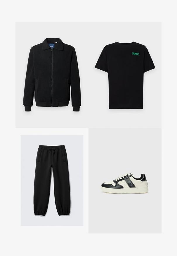 Black fleece jacket featuring a zip closure, stand collar, ribbed cuffs, and side pockets with a textured surface.; Black t-shirt made of cotton with short sleeves. Features a green "ROOTS" logo on the front, round neckline, and standard fit.; Black sweatpants with a drawstring waist, elastic cuffs, and two side pockets. Made from soft material with a smooth texture.; Leather sneakers with a black and cream color scheme, featuring perforated accents, a padded collar, and a textured outsole.
