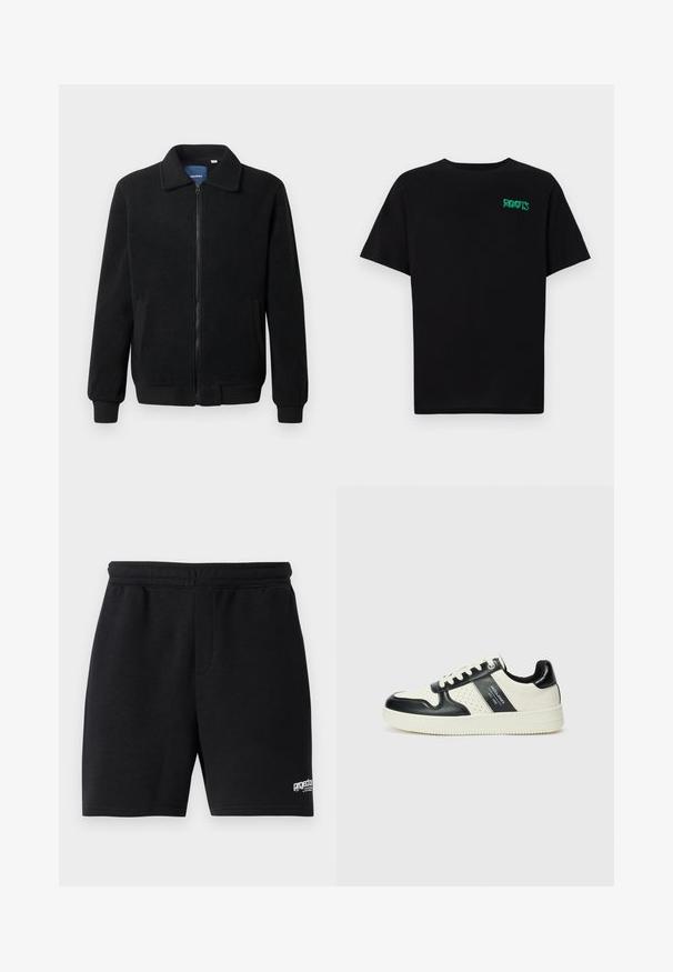 Zwarte fleece jas met een ritssluiting, staande kraag, ribgebreide manchetten en zijzakken met een textuur.; Zwarte T-shirt van katoen met korte mouwen. Heeft een groen "ROOTS" logo op de voorkant, een ronde halslijn en een standaard pasvorm.; Zwarte katoenen shorts met een elastische tailleband, twee zijzakken en een klein wit logo detail rechts onderaan. Gladde textuur.; Leren sneakers met een zwart en crèmekleurig kleurenschema, voorzien van geperforeerde accenten, een gevoerde kraag en een gestructureerde buitenzool.