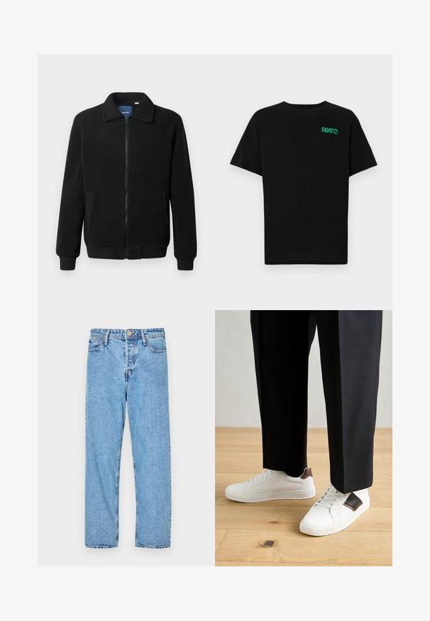 Schwarze Fleecejacke mit Reißverschluss, Stehkragen, gerippten Bündchen und seitlichen Taschen mit strukturiertem Oberflächenmaterial.; Schwarzes T-Shirt aus Baumwolle mit kurzen Ärmeln. Auf der Vorderseite befindet sich ein grünes "ROOTS"-Logo, es hat einen runden Halsauschnitt und eine normale Passform.; Hellblau denim Jeans mit geradem Beinschnitt, fünf Taschen, sichtbaren Nähten sowie einem Knopf- und Reißverschluss.; Weiße Sneakers mit glatter Textur, versehen mit braunen Lederakzenten und schwarzen Details, kombiniert mit schwarzen maßgeschneiderten Hosen. Hintergrund aus Holzboden.